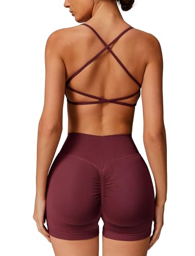IMEKIS Conjunto de gimnasio de 2 piezas para mujer, traje deportivo Crossback con cintura alta, pantalones cortos de yoga, fitness, ropa deportiva, entrenamiento, jogging y pilates, borgoña, M