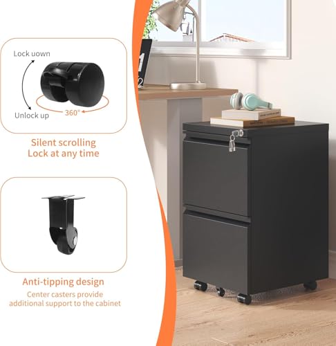 Image of Guizeeopo 2 Drawer Locking File Cabinet, Fully Assembled Heavy-Duty Metal Filing Cabinets for Home Office, Quiet Slides, Anti-Tipping Wheels, Fits A4 /Letter /Legal, Matte Black