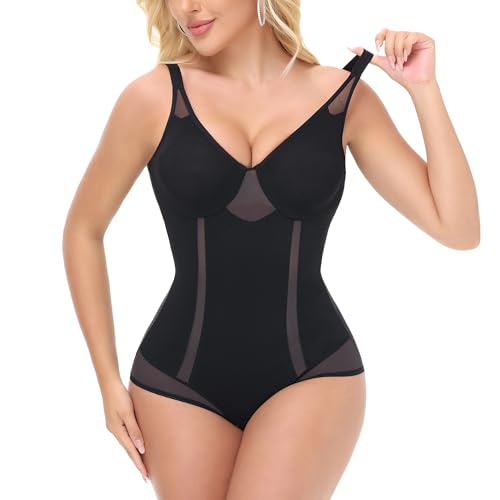 Image of SHAPESHE Mesh Slim Shapewear Corset Bodysuit Women Seamless Tummy Control | Seamless,Low Back,Underwire No Bra,V Neck,Going Out,Full Body Shaper,Lift