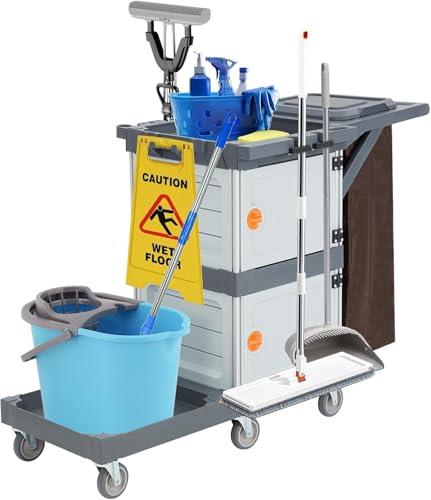 Carrello Pulizie Professionale Carrello Per Pulizie Commerciali Di Hotel e Ospedali Con Armadietti Ripiani Carrelli Multiuso Per Pulizia Con 6 Ruote e Sacco in Vinile Per Ufficio Hotel Capacità 300