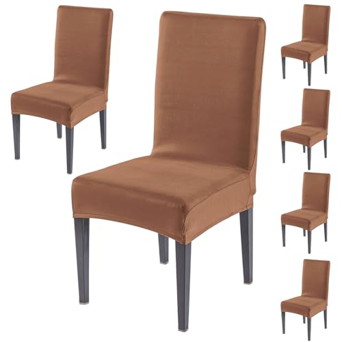Image of HOKIPO 'SereneSolids' 140 GSM Stretchable Dining Chair Cover - Set of 6, Brown (AR-6246-BR)