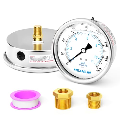 MEANLIN MEASURE 0~160Psi Stainless Steel 1/4" NPT 4" FACE DIAL Liquid Filled Pressure Gauge WOG Water Oil Air Back Mount, with 1/2" NPT and 3/8" NPT Hex Bushing