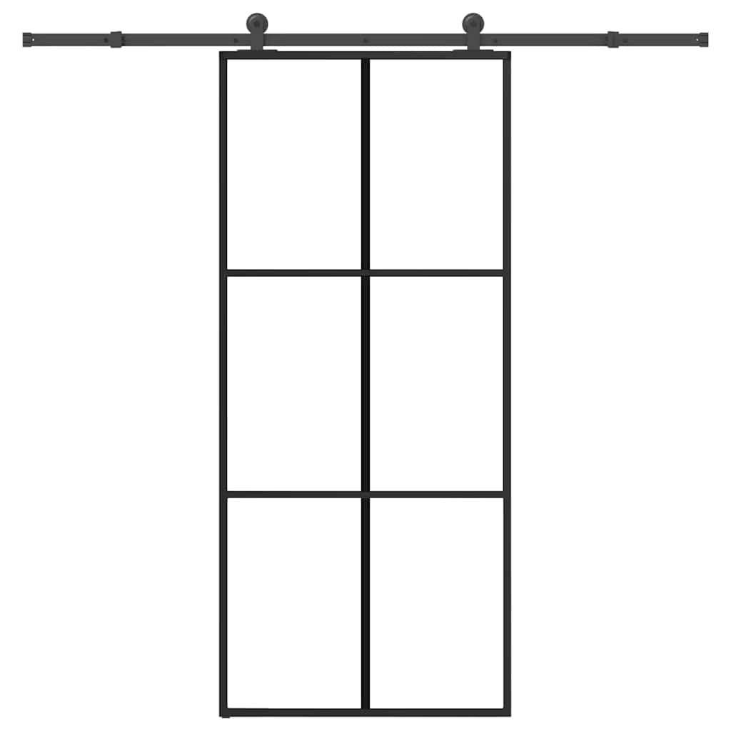 Juego completo de puerta corredera 90 x 205 cm vidrio templado aluminio negro | Puerta corredera de cristal para ahorrar espacio para dormitorio y sala de estar, incluye un sistema de rieles robustos.