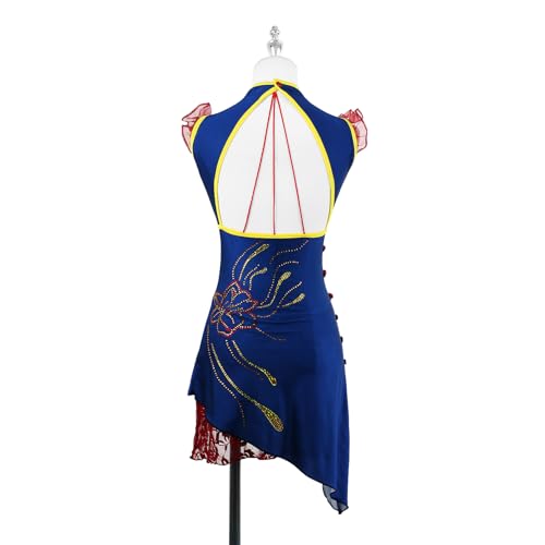 DIJITOO Vestido de patinação artística, traje de competição de flores de strass temperamento, collan