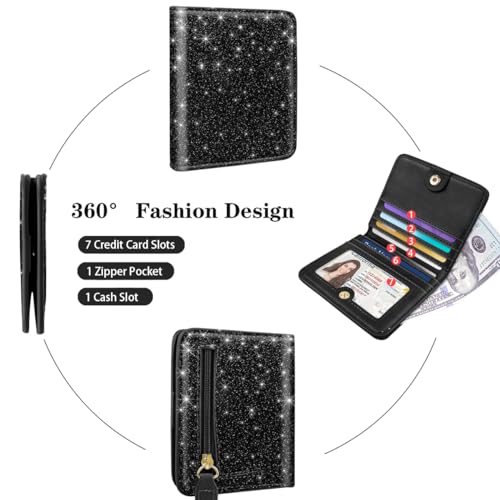 Image of Small Womens Glitter Wallet Thin Credit Card Holder Pocket | Compact Women Slim RFID Blocking Bling Wallets Bifold Ladies Mini Purse Pocket for Travel & Daily Use, Black