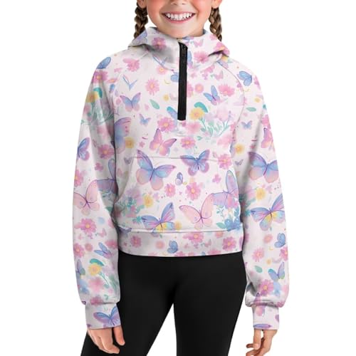 Girl's Half Zip Sweatshirt Cropped Cute Hoodies with Pockets Casual Long Sleeve Pullover Fall Tops Preppy Clothes