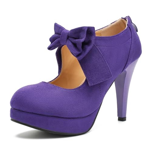 Women's Bow Heels Mary Jane High Heel Closed Toe Platform Vintage Dress Pumps Purple Label Size 41 - US 9.5