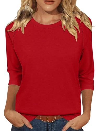 KISSMODA Tunic Tops for Women Loose Fit Dressy Round Neck Pleated 3/4 Length Sleeve Spring Tops