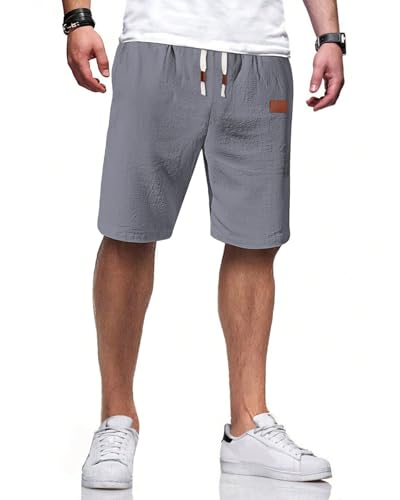 HMIYA Kurze Hosen Herren Baumwolle Leinen Shorts Leichte Sommershorts Atmungsaktiv Leinenhose Kurz mit Taschen(Dunkelgrau EU-L)