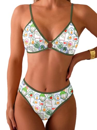 Image of Fanuerg Women's Triangle Bikini Sets O Ring Linked Two Piece Swimsuits Floral Printed Cheeky Bathing Suit