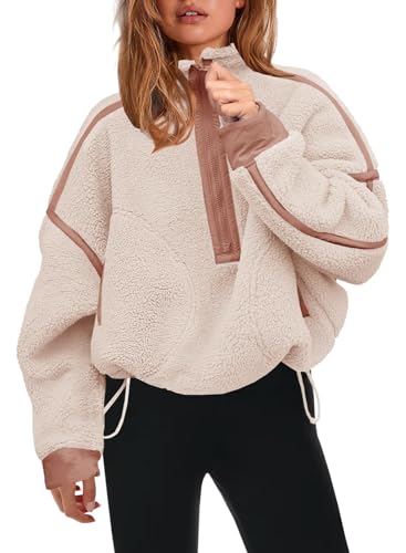Panadila, Damen Fleece-Pullover mit halbem Reißverschluss, weich, warm und locker geschnitten, mit Taschen und kuscheligem Teddyfleece für hohen, Beige, S
