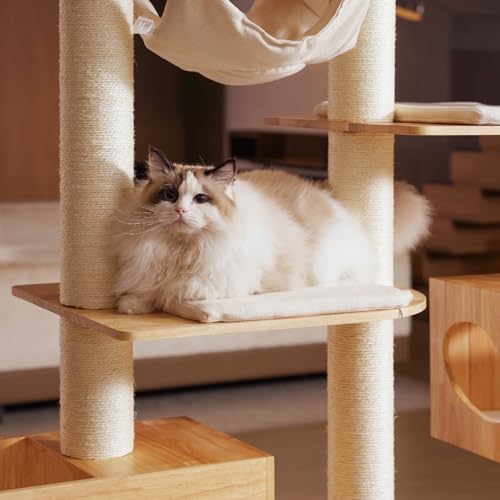 Image of Wood Cat Tree for Indoor Cats, Modern Cat Tower, Unique Cat Condo with House, Tall Luxury Furniture with Heavy Duty Wide Base, Kraft Paper Rope Scratching Post, Removable Cushion (96.5-118.1 inch)