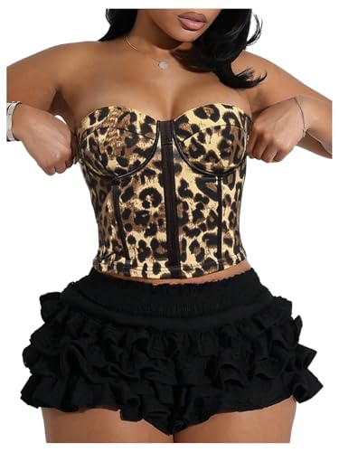 SweatyRocks Women's Y2K Cheetah Print Corset Tops Strapless Crop Tube Top Clubwear