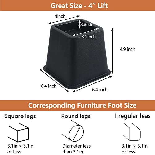 Dedu Bed Risers 4 Inch Heavy Duty 9 Pack, Furniture Risers For Sofas Oversized, Couch Risers With Non-Slip Pad Supports Up To 2200 Lbs For Bed, Desk, Chair (Black) #TOP1