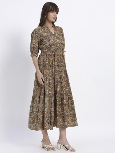Image of Women's Fit and Flare Dress I Pure Cotton Long Summer Maxi Dress I V-Neck I Casual Wear I Printed Kalamkari Floral Middi