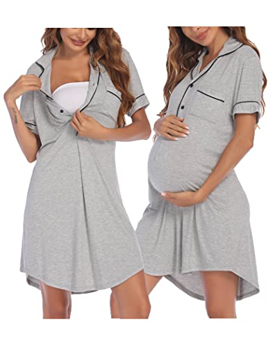 Image of Ekouaer Nursing Nightgowns for Breastfeeding Short Sleeve Button Labor and Delivery Gown Maternity Gown for Hospital