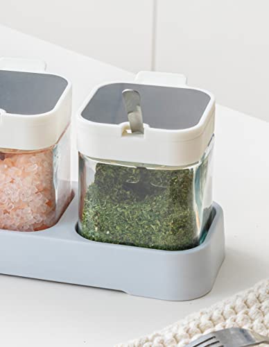 Mlici 8.6 oz Condiments Container Seasoning Jars, Kitchen Spicy Jars with Lids and Spoons, Tea Coffee Sugar Canisters Glass Spice Box, Set of 3, Containers, White