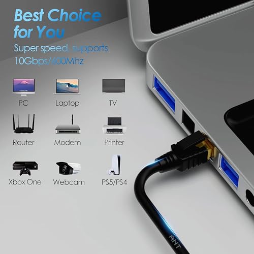 Image of Ant Esports AEC7105 Gold Plated Cat7 Ethernet Cable High Speed 10Gbps 600MHz Ethernet Cord LAN Cable with RJ45, Weatherproof Internet Network Patch Cord for Gaming, PS, Xbox, Modem, Router 5M Black
