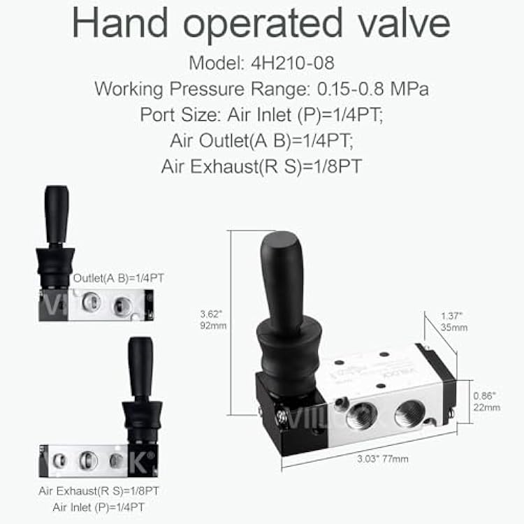 Pneumatic Air Hand Lever Valve, 5 Way 2 Position 1/4NPT Solenoid Valve Manual Control Direct Driving Type Push-Pull 4H210-08