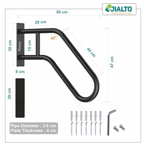 Image of JIALTO Wall Mounted Staircase Handrail Safety Grab Bar- Heavy Duty Metal Support Railing for Indoor Stairs, Bathroom & Entryway, Anti-Slip Wall Support Handle with Installation Kit (Black, Pack of 1)