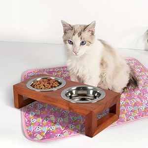 Pure Souls Whiskers Pet Feeder, Natural Acacia Wood Feeders Stand, Elevated Cat Bowls 250 ml, Food Water Diner, Durable Double Bowl Feeding Stands for Cats – Small (33 x 15 x 8 cm)