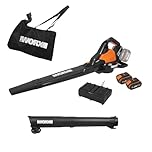 WORX Aspirateur-Souffleur sans Fil Brushless 40V WG583E, 2 en 1, Vitesse de 335km/h, 2 Modes de Vitesses pour Plus d'efficacité, Livré avec Harnais et Sac, 2 Batteries 4Ah et Chargeur Double