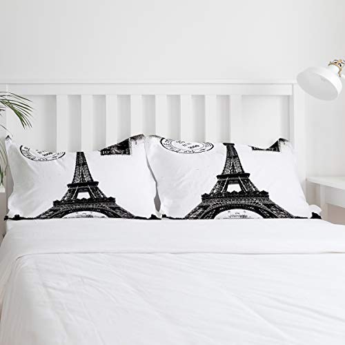 Duvet Cover Set Full Size, 4 Pcs Bedding Comforter Cover Set, Polyester Microfiber Duvet Cover With Pillowcase, Zipper Closure/Corner Ties, Black White Postage Stamp Retro French Paris Eiffel Tower #TOP4