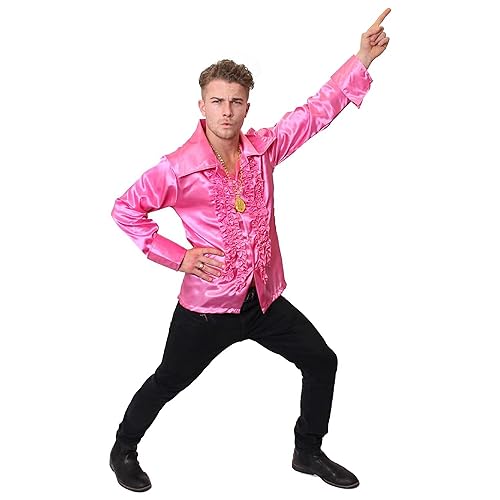 Pink Disco Shirt - Large - Pink Ruffle Shirt with Big Collar - Adults 70s/80s Fancy Dress Costume