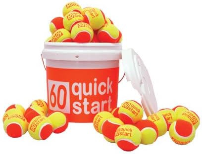 Quick Start 60 Orange Felt Tennis Balls with Slogans - 72 Ball Bucket | USTA Approved | Designed for 60-foot USTA QuickStart & 10 and Under Tennis Courts | 6 Motivating Slogans Included on Each Ball