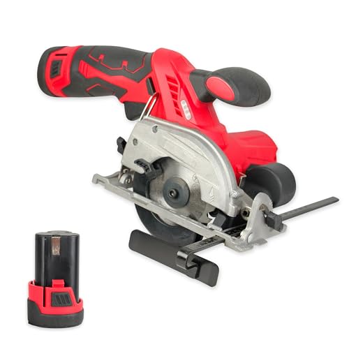 Mini Scie circulaire sans fil avec Guide - Batterie Lithium Rechargeable 12V Incluse - Profondeur Coupe max 26mm (90°), 18mm (45°) - Angle Réglable - Lame Ø 85mm - Chargeur Inclus - 30 X16 cm
