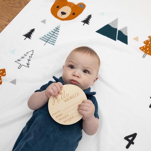 Image of Pondering Pine Organic Baby Monthly Milestone Blanket Boy - Growth Age Blanket for 1-12 Months Milestones with Month Marker Frame and Newborn Announcement Disc, Woodland, Bear, 47 inchx47 inch