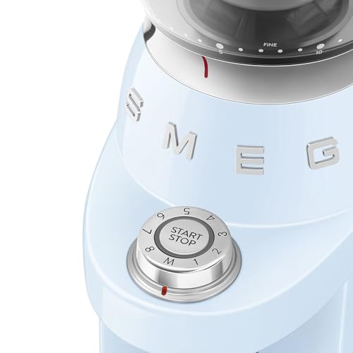 Image of SMEG CGF03 Burr Coffee Grinder, Electric Conical Burr Grinder with 15 Grind Settings, 8 Presets, 240g Bean Hopper, Espresso, Moka & Drip Coffee Grinder, 50's Retro Style (Pastel Blue)
