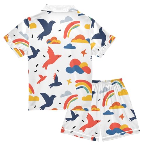 ALAZA Abstract Bird Cloud Rainbow Pajamas Satin Pajama Set Short Sleeve Button Down Sleepwear2