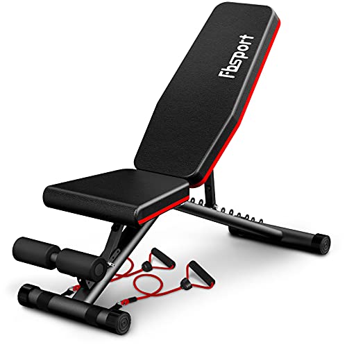 FBSPORT Weight Bench, Adjustable Strength Training Workout Bench , Bench Press for Home Gym Full Body Exercise, Incline Decline Weight Bench Foldable Workout Bench with Bands, Red