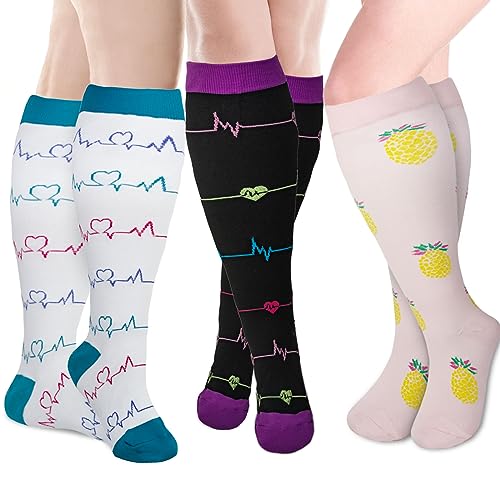 LEOSTEP 2XL-7XL Plus Size Compression Sock for Men and Women Wide Calf (3 pares) Non-Slip Long Tube Ideal for Running,Enfermería,Circulation & Recovery Boost Stamina, Hiking Travel Socks 20-30 mmHg,