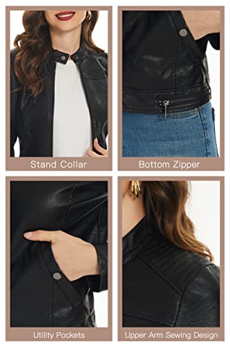 Fahsyee Women's Faux Leather Jackets, Zip Up Motorcycle Short Pu Moto Biker Outwear Fitted Slim Coat Black Size Xl #TOP4