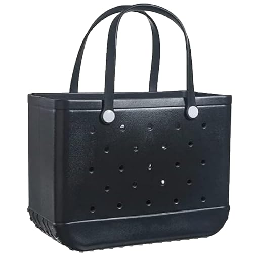 3 Sizes Rubber Beach Bag Rubber Travel Bags - Large/Medium/Small Waterproof Travel Totes Sandproof Handbag Lightweight (Black, Large)