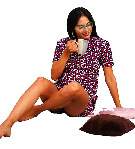 Image of Women's and Girls Cotton Printed Relaxed Night Suit Set of Top & Shorts Set II Sleepwear Set