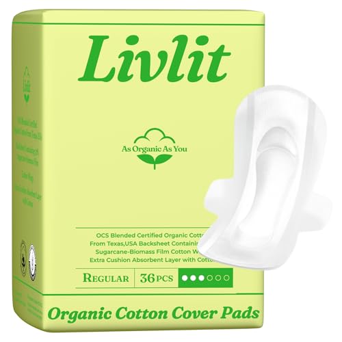 Livlit Regular Size Ultra Thin Sanitary Pads, 100% Organic Cotton from Texas, Powerful Leak Protection, Unscented, Chlorine Free and Absorbency of Feminine Periods, Pads for Women (36 Count)