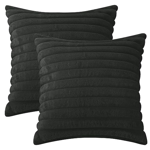 Uxcell 2 Pcs Double-Sided Plush Faux Fur Throw Pillow Covers Soft Fluffy Striped Pillow Covers for Home Decor Black 45 x 45 cm