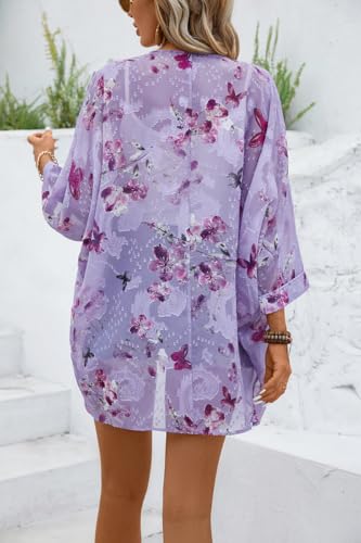 olrain Women's Floral Print Sheer Chiffon 3/4 Bat Sleeve Casual Loose Kimono Cardigan Capes (Small, PurpleRedF) - Thumbnail 6