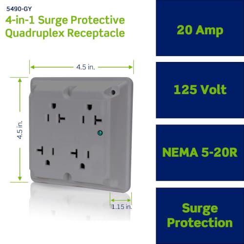 Image of Leviton Surge Protective 4-in-1 Receptacle with Indicator Light, 20 Amp, 125 Volt, Heavy-Duty Industrial Specification Grade, Straight Blade Quadruplex Outlet, Grounding, 5490-GY, Gray