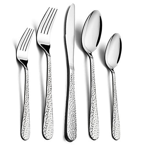 HaWare Hammered Silverware Set, 40-Piece Flatware Cutlery Set, Stainless Steel Eating Utensils for Home Hotel Restaurant, Premium Tableware Includes Fork Knife Spoon, Modern Design, Dishwasher Safe