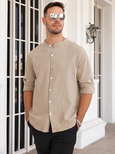 Mens Long Sleeve Shirts Casual Button Down Shirt Men Band Collar Slim Fit Linen Dress Shirts4