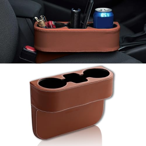 Lonuxi Car Cup Holder, PU Leather Auto Front Seat Organizer, Multifunctional Cup Drink Holders, Gap Filler Storage Box Coin Bucket Console Side Pocket Cell Mobile Phone Holder (Brown)