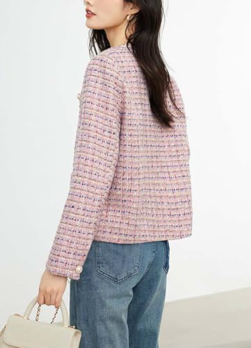 chouyatou Women's Fall Casual Button Down Tweed Jacket Collarless Office Work Cropped Blazer Coat3