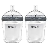 Baby Brezza Two Piece Natural Glass Baby Bottle with Lid - Ergonomic, Wide Neck Design Makes it The Easiest to Clean - Modern Look - Anti-Colic - Grey - 8 Ounce Size - 2 Bottles