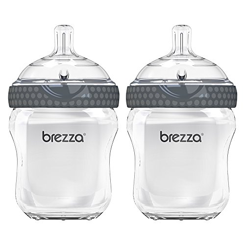 Baby Brezza Two Piece Natural Glass Baby Bottle with Lid - Ergonomic, Wide Neck Design Makes it The Easiest to Clean - Modern Look - Anti-Colic - Grey - 8 Ounce Size - 2 Bottles