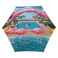 Anceky Manual Windproof Travel Umbrella,Flamingo And Swimming Pool Print 5 Fold Manual Umbrella,Portable Folding Umbrella with Cover Bag