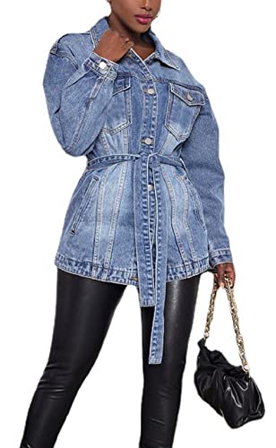 CHARTOU Women's Chic Lapel Collar Belted Button Down Washed Midi Denim Jacket Tops